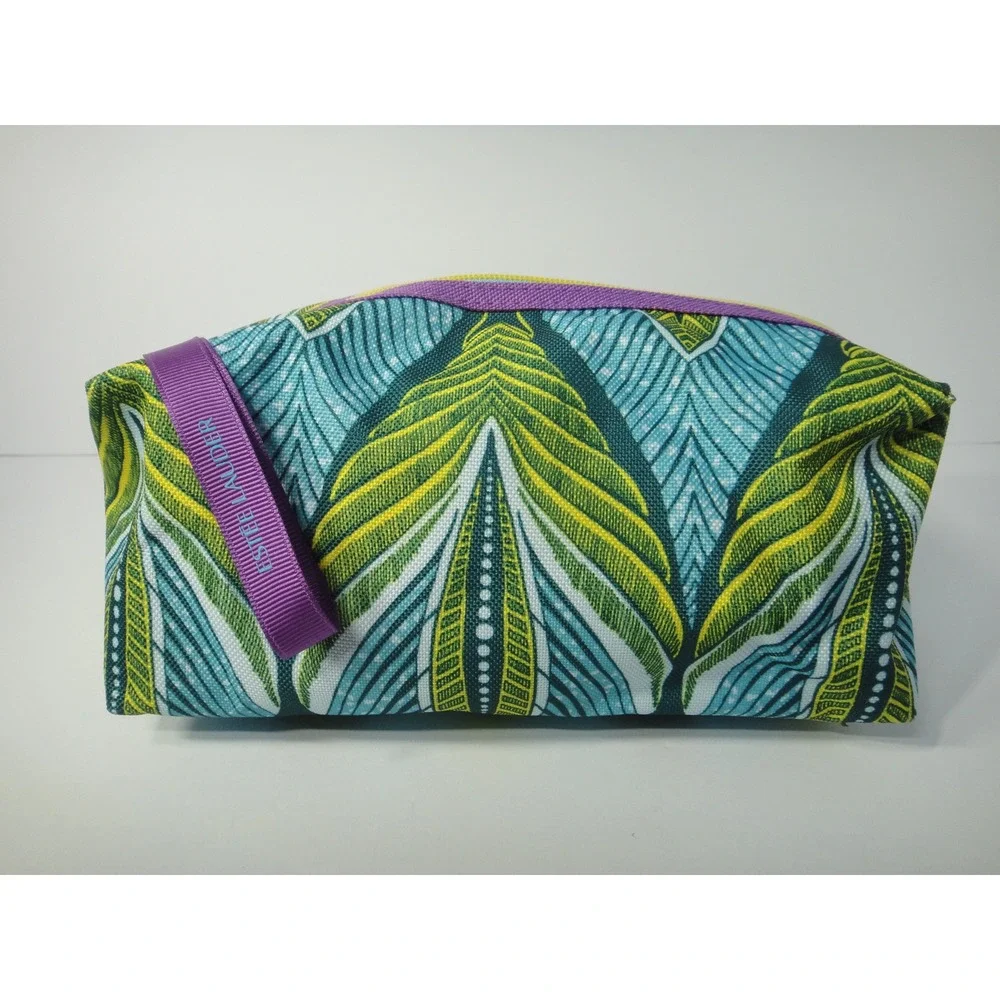 Estee Lauder Makeup Bag Set Teal Green Leaf Print Travel Toiletry Case 2 Piece